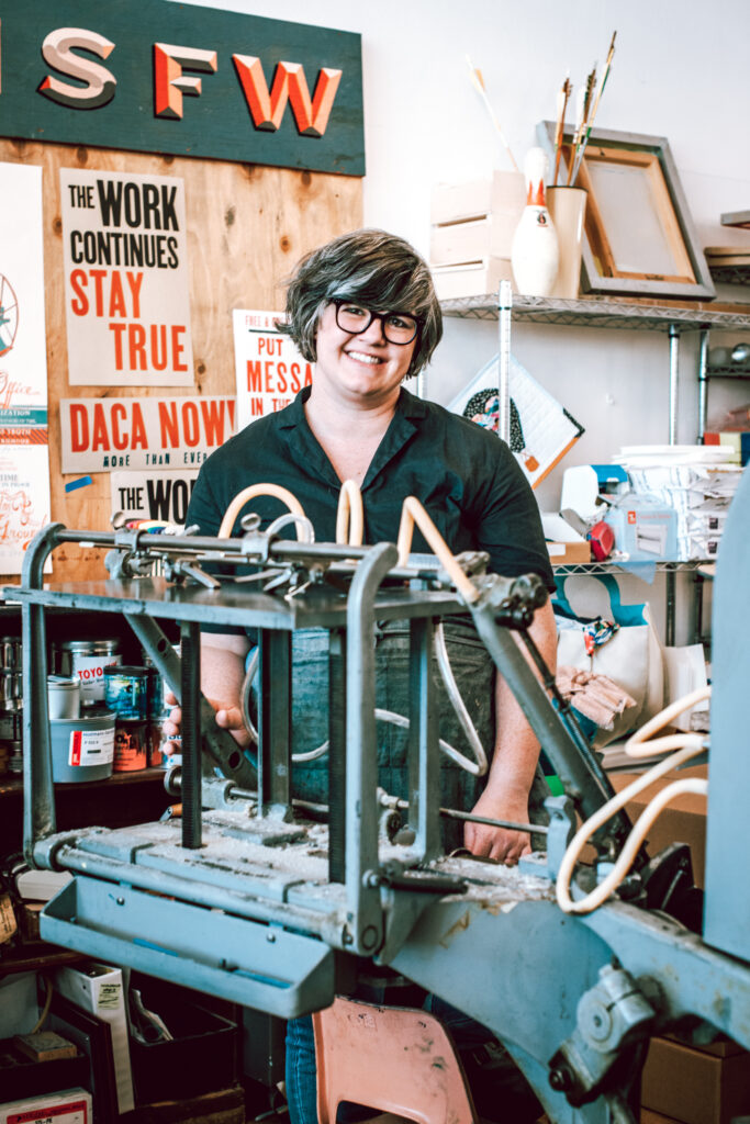 Morgan at the letterpress