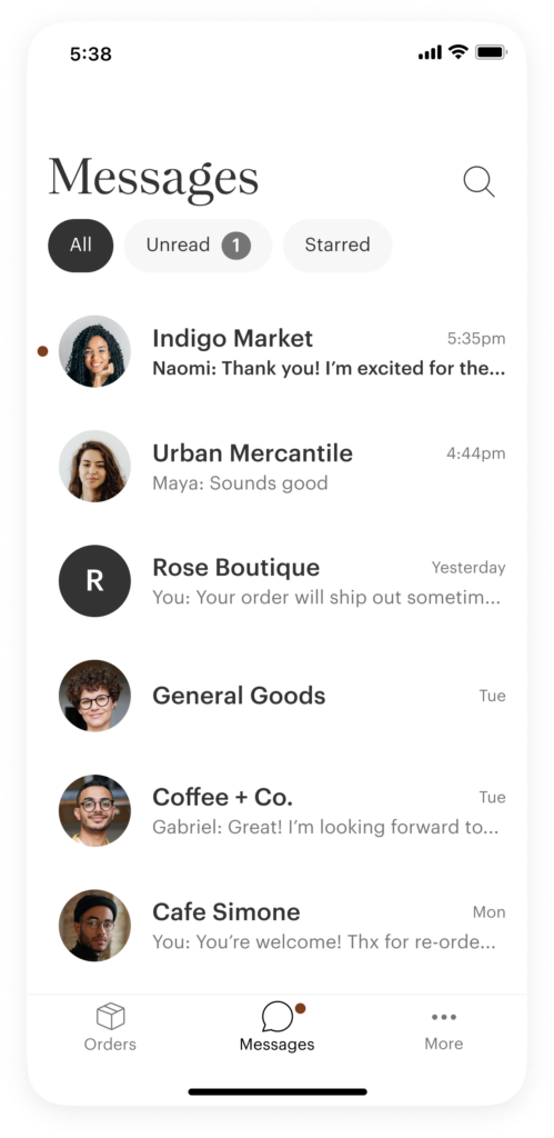 The Messages tab in the Faire app for brands