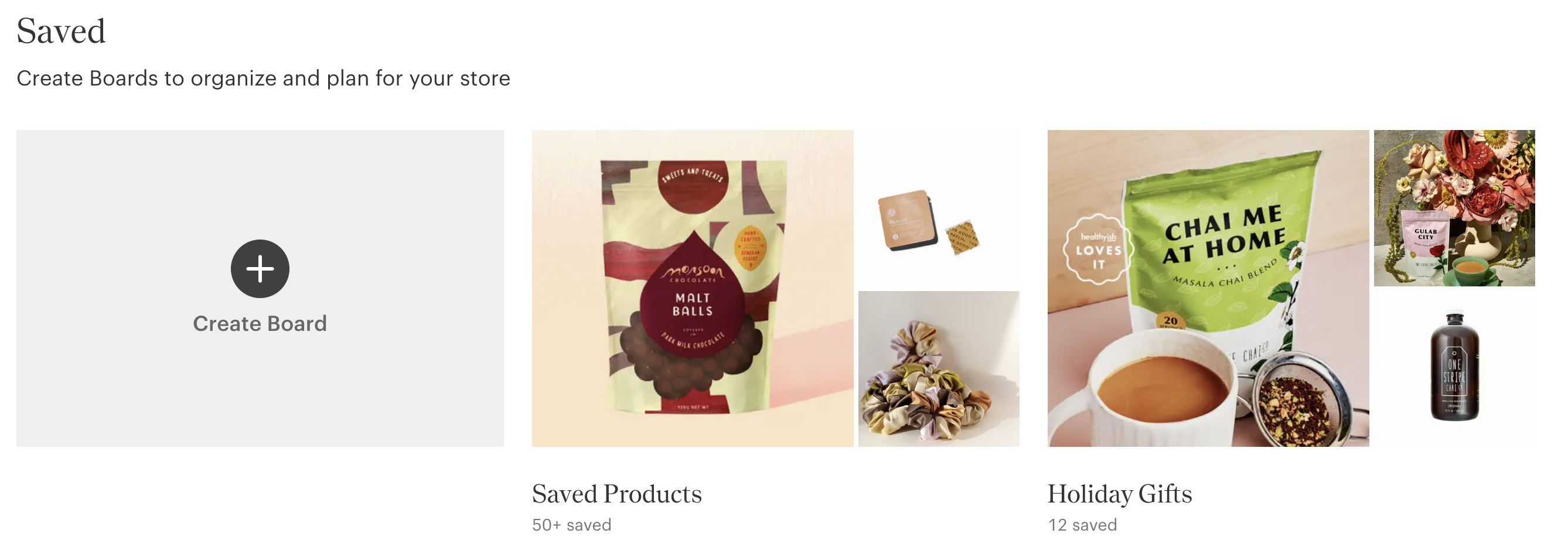 Boards of saved products on Faire
