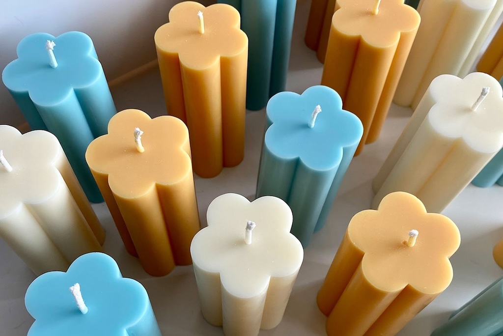 Colorful flower pillar candles.