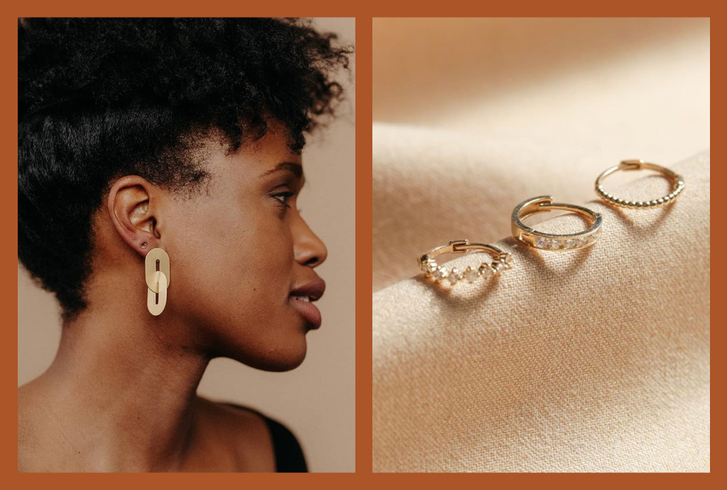 a woman in profile models a pair of large gold earrings. the other half of the image shows rings on a white background.